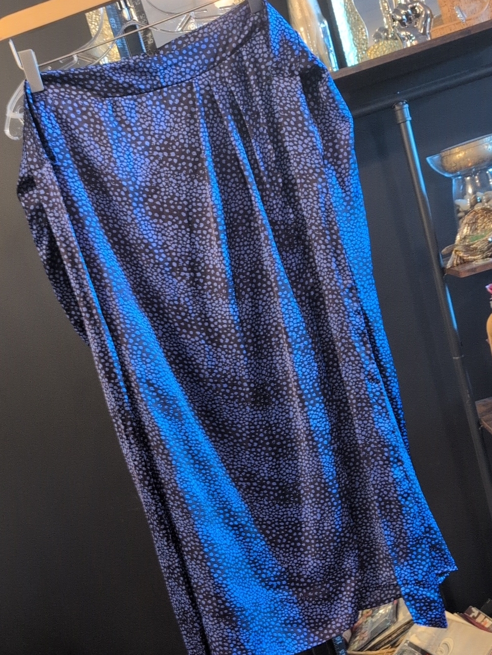 Blue and Black Polka Dot Faux Wrap Midi Skirt